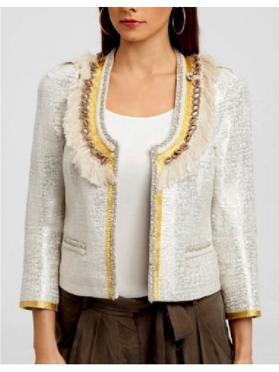 Sacou scurt din brocart, cu umeri proeminenti si ornat cu cristale, paiete si franjuri