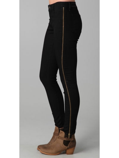 Colanti din denim subtire, ultra skinny, fara buzunare si cu fermoare lungi laterale