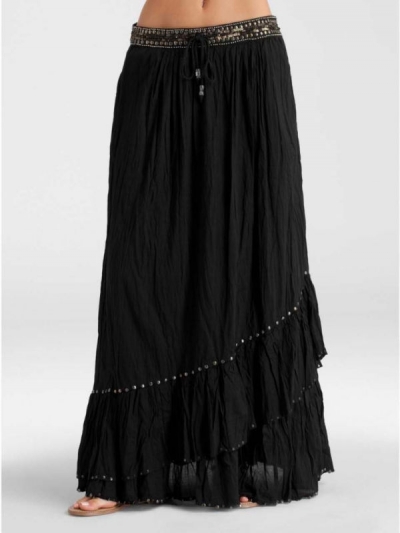 Fusta gypsy maxi, cu volane si paiete metalice