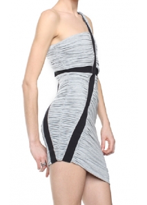 Rochie asimetrica din jerse adunat, cu benzi elastice si fermoar