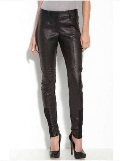 Pantalni moto super slim, din piele, cu insertii de jerse