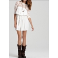 Rochie plisata cu maneci, guler si volan peplum din dantela