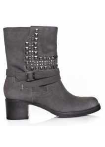 Botine moto din piele, cu toc jos, gros si tinte metalice 
