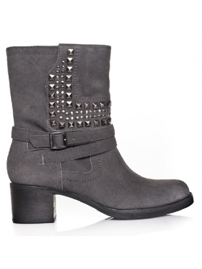 Botine moto din piele, cu toc jos, gros si tinte metalice 