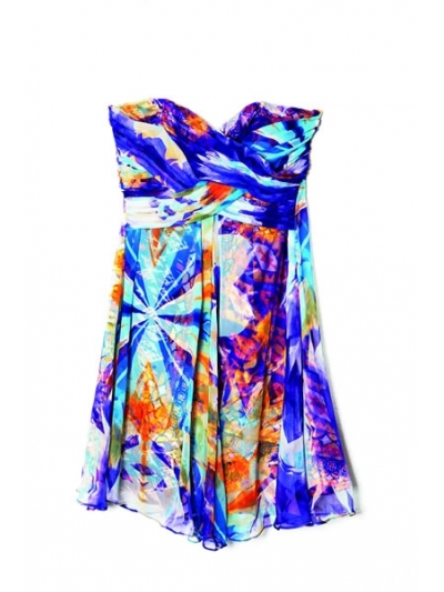 Rochie babydoll din matase naturala, cu print floral abstract
