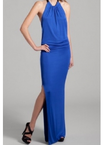 Rochie maxi din matase, cu spatele gol si bareta din piele, despicata pe un picior