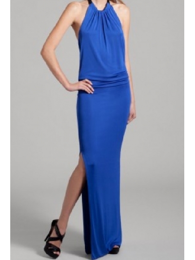 Rochie maxi din matase, cu spatele gol si bareta din piele, despicata pe un picior