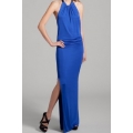 Rochie maxi din matase, cu spatele gol si bareta din piele, despicata pe un picior