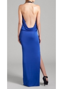 Rochie maxi din matase, cu spatele gol si bareta din piele, despicata pe un picior