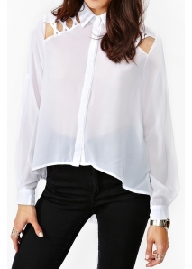 Camasa asimetrica, transparenta din chiffon, cu decupaje si siret