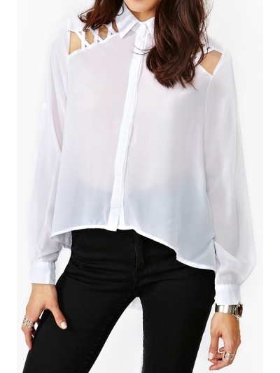 Camasa asimetrica, transparenta din chiffon, cu decupaje si siret