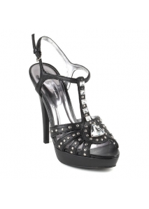 Sandale din piele cu platforma, T-strap cu tinte si cristale