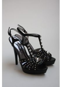 Sandale din piele cu platforma, T-strap cu tinte si cristale