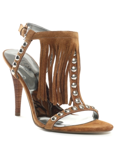 Sandale din piele cu bareta T-strap, franjuri si tinte batute