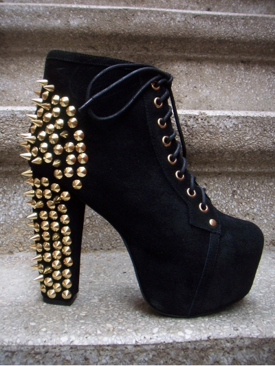 Botine din piele cu platforma ascunsa si toc bloc, accesorizat cu tinte si tepi