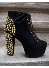 Botine din piele cu platforma ascunsa si toc bloc, accesorizat cu tinte si tepi