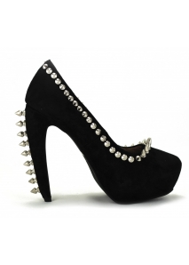 Pantofi pumps din piele cu toc curbat, bot migdala, accesorizati cu tinte si tepi