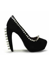 Pantofi pumps din piele cu toc curbat, bot migdala, accesorizati cu tinte si tepi