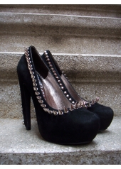 Pantofi pumps din piele cu toc curbat, bot migdala, accesorizati cu tinte si tepi