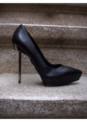 Pantofi pumps din piele, cu bot ascutit, toc metalic si platforma