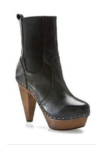 Botine din piele cu insertie de elastic si platforma din lemn