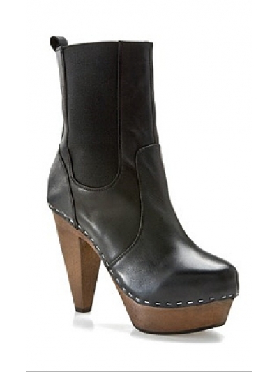 Botine din piele cu insertie de elastic si platforma din lemn
