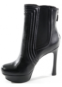 Botine din piele cu insertie de elastic si nervuri, cu toc asimetric