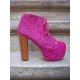 Botine din piele cu toc din lemn si platou supradimensionat, acoperite cu par ponei "animal-print" neon