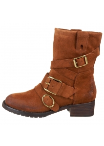 Botine biker din piele intoarsa cerata, accesorizate cu catarame metalice