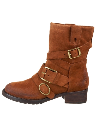 Botine biker din piele intoarsa cerata, accesorizate cu catarame metalice