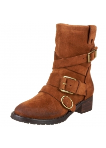 Botine biker din piele intoarsa cerata, accesorizate cu catarame metalice