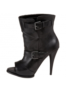 Botine din piele, cu varf decupat si toc conic, accesorizate cu catarame