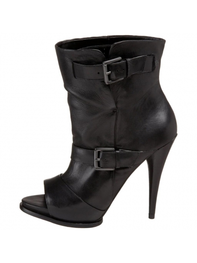 Botine din piele, cu varf decupat si toc conic, accesorizate cu catarame