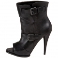 Botine din piele, cu varf decupat si toc conic, accesorizate cu catarame
