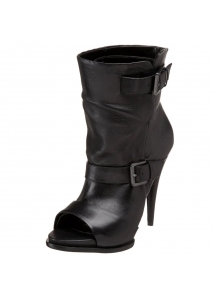 Botine din piele, cu varf decupat si toc conic, accesorizate cu catarame
