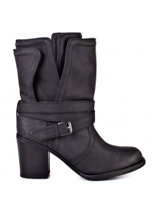 Botine moto din piele, cu toc jos, gros