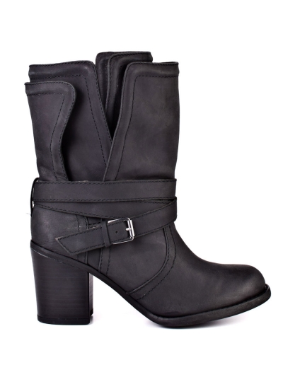 Botine moto din piele, cu toc jos, gros