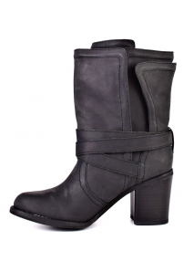 Botine moto din piele, cu toc jos, gros