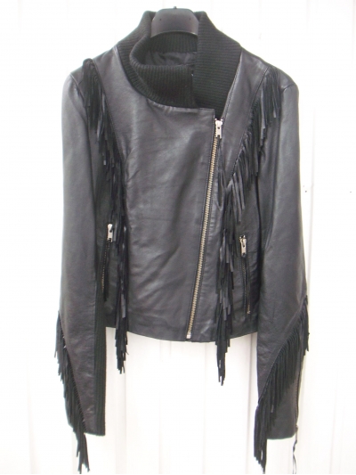 Geaca biker skinny din piele si tricotaj, cu franjuri
