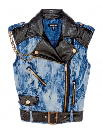 Vesta moto din denim, accesorizata cu piele eco, lanturi si umeri supradimensionati
