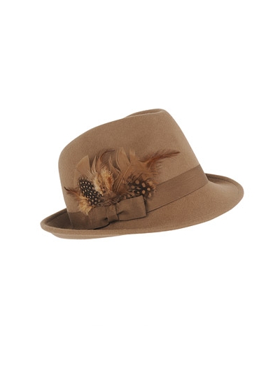 Palarie fedora din lana, accesorizata cu pene naturale