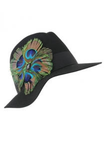 Palarie fedora din lana, accesorizata cu pene naturale