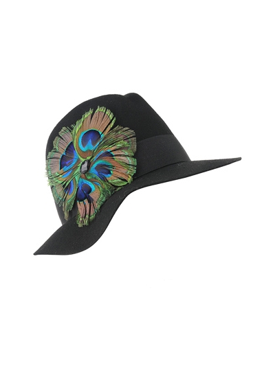 Palarie fedora din lana, accesorizata cu pene naturale