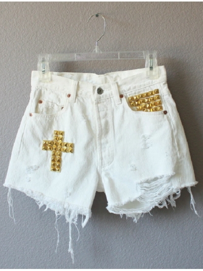 Blugi scurti vintage festival custom, cu talie inalta si rupturi, accesorizati cu tinte metalice