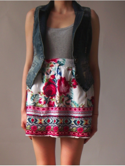 Fusta cu imprimeu de tapiserie florala, neon