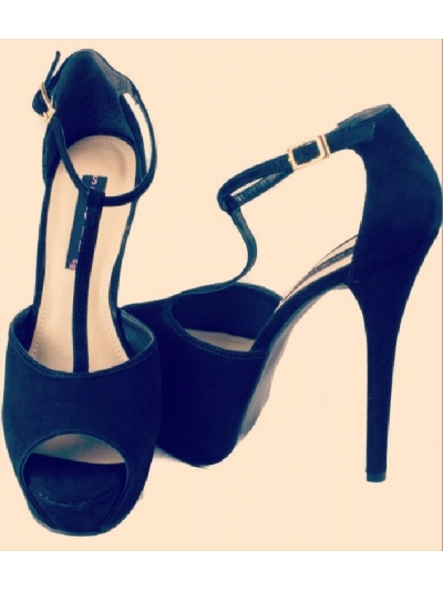 Sandale T-strap din piele, cu platou ascuns si toc supradimensionate